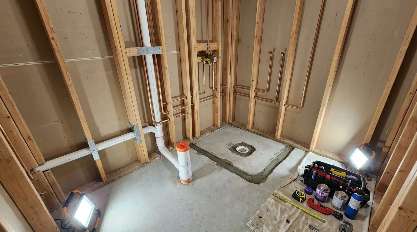 Bathroom rough-in plumbing during remodel by Johns Plumbing LLC in Glendive