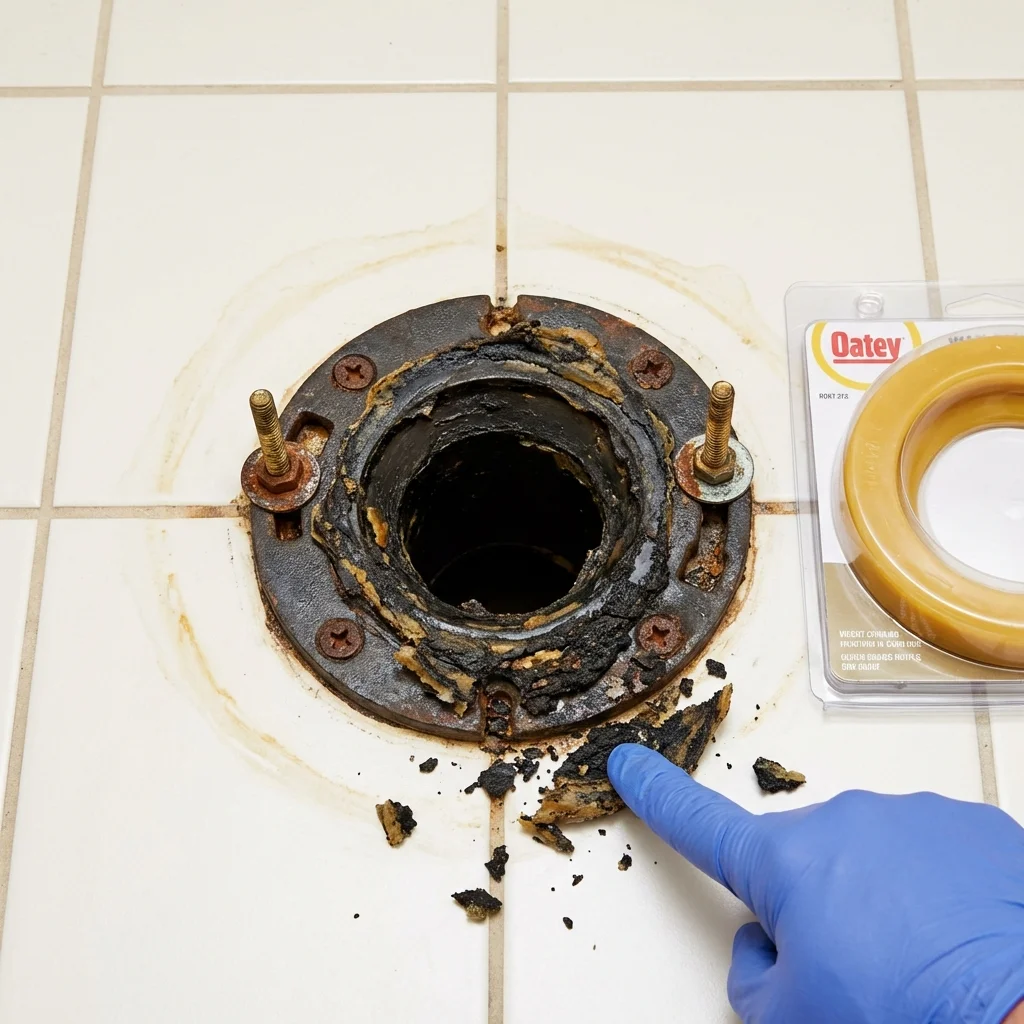 Failed wax ring showing water seepage at the base of a toilet in a Glendive, MT home